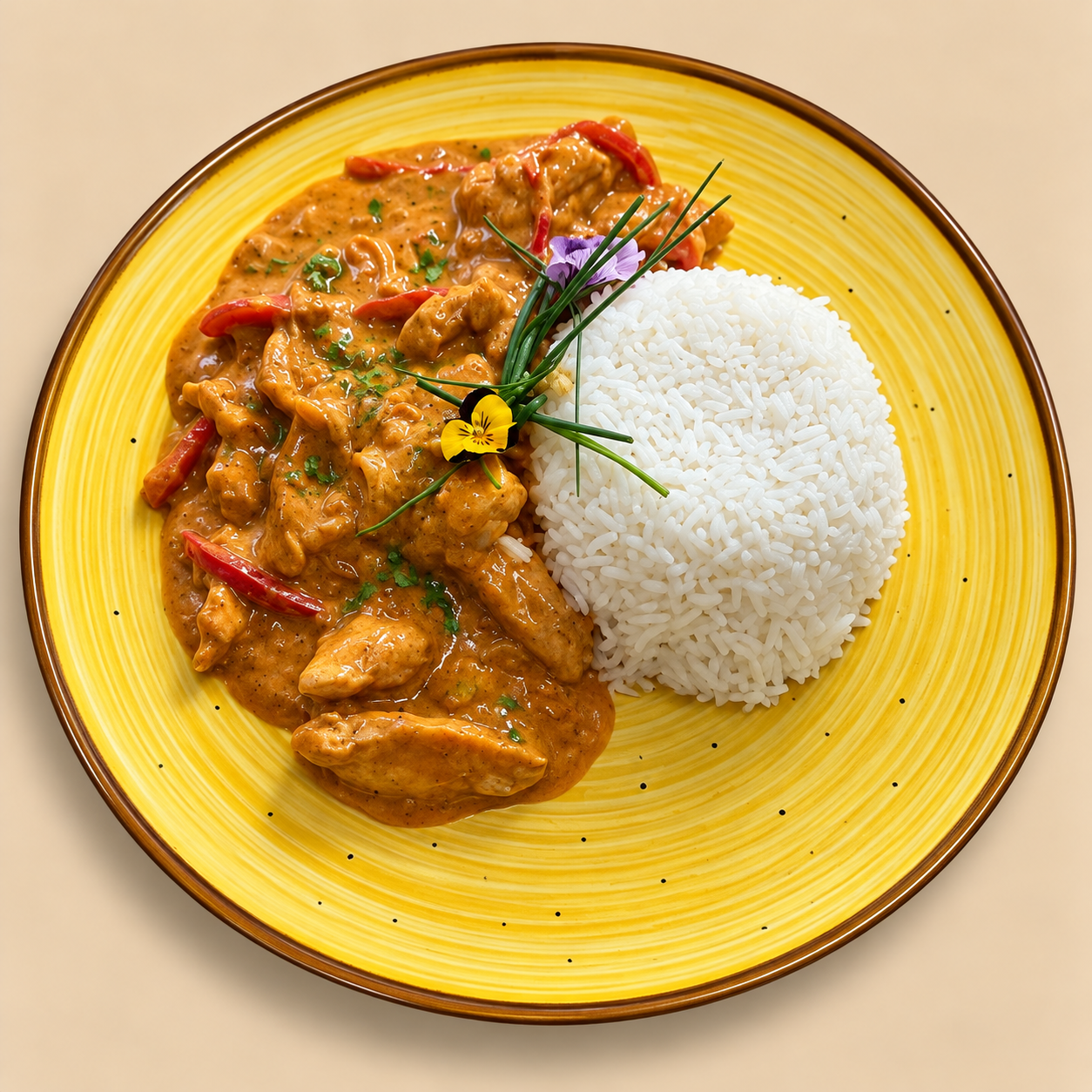 Pui curry thailandez cu orez alb și sos de soia