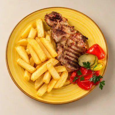 Ceafă de porc la grătar cu cartofi prăjiți