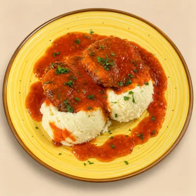 Chifteluțe marinate cu piure de cartofi și salată de murături